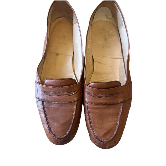 VTG Polo Ralph Lauren Penny Loafers Mens 9 Leather Full Strap Slip On Tan Italy - Picture 15 of 16